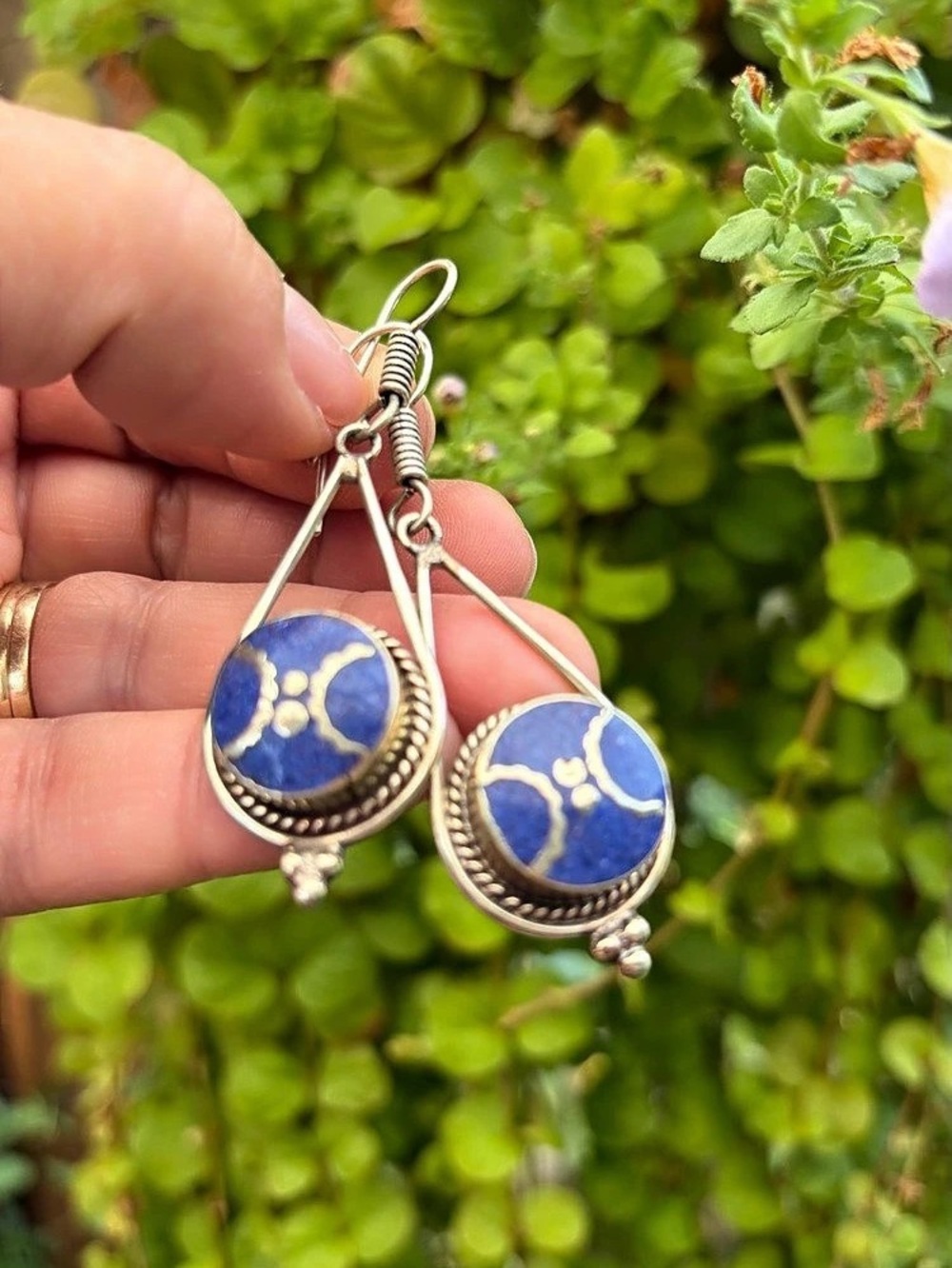Earrings Drop Dangle Tibetan Silver Tone Blue Lapis Teardrop 2.25” Metalwork